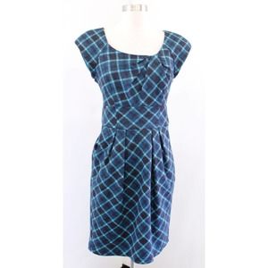Nanette Lepore Teal Blue Black Plaid Printed Wool Gathered Sheath Dress Size 4